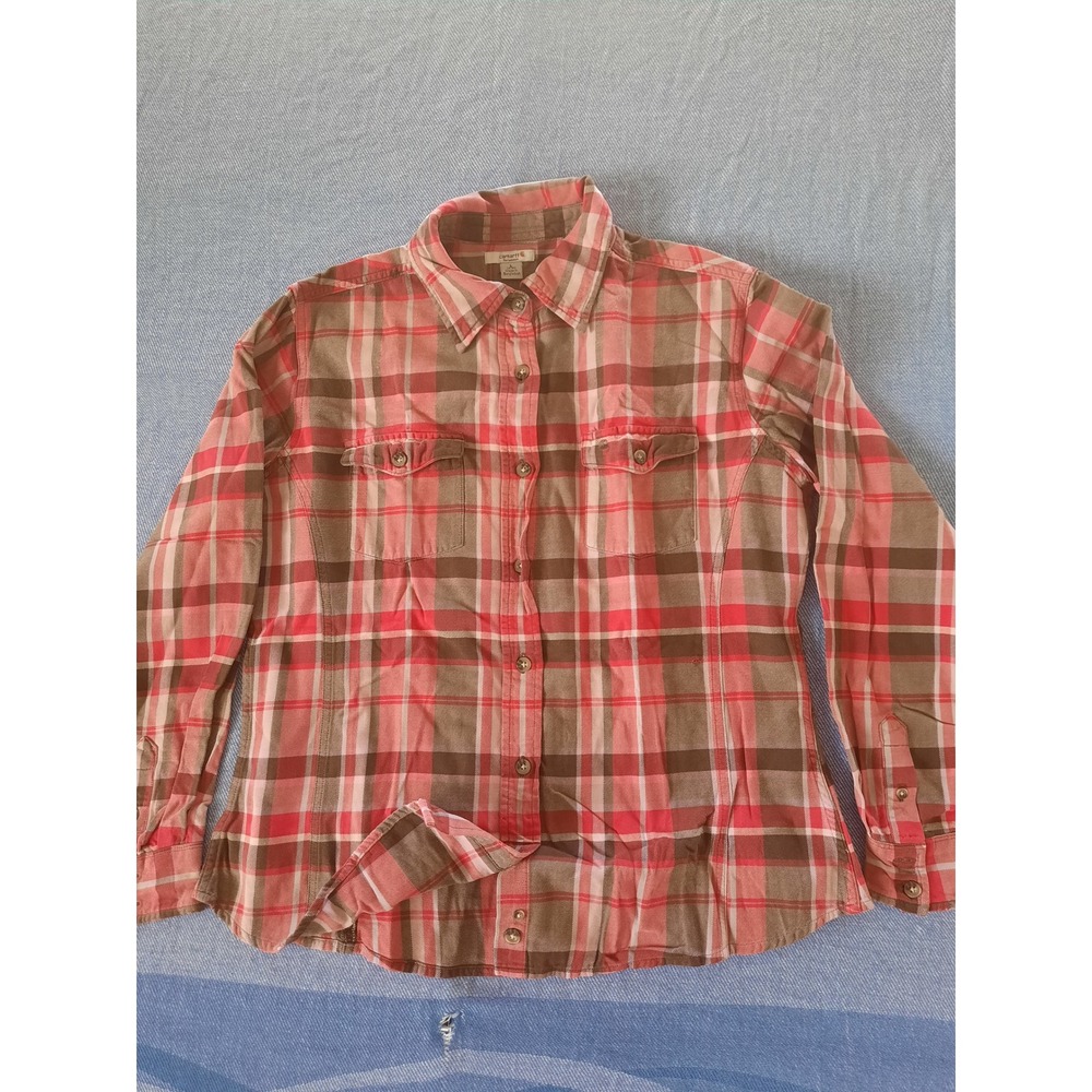 Carhartt Girls Red Brown Plaid Long Sleeve Button Down Shirt Size L 12/14